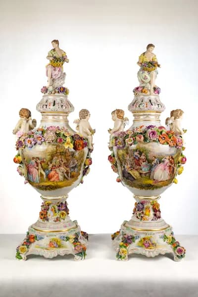 Pair of Dresden porcelain vases, hand-painted with genre scenes, 19th century