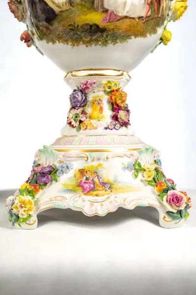 Pair of Dresden porcelain vases, hand-painted with genre scenes, 19th century