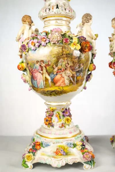 Pair of Dresden porcelain vases, hand-painted with genre scenes, 19th century