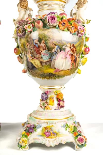 Pair of Dresden porcelain vases, hand-painted with genre scenes, 19th century