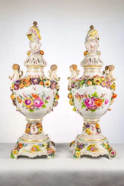 Pair of Dresden porcelain vases, hand-painted with genre scenes, 19th century