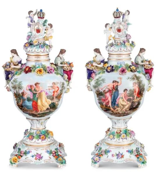 Pair of Dresden lidded decorative vases