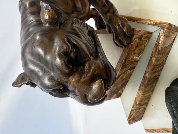 Art deco French Tiger and Cobra statue with marble base
