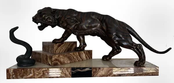 Art deco French Tiger and Cobra statue with marble base