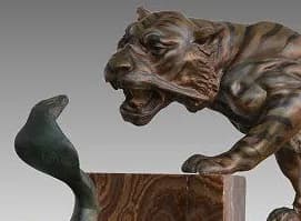 Art deco French Tiger and Cobra statue with marble base