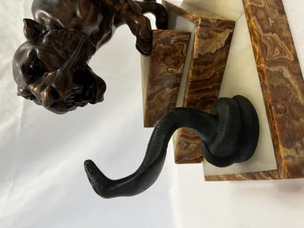 Art deco French Tiger and Cobra statue with marble base