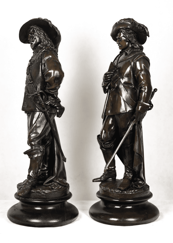 Belleuse 'King Charles I' és 'Chromwell' bronz szobor pár, Deniére öntőműhely pecsét 19.század