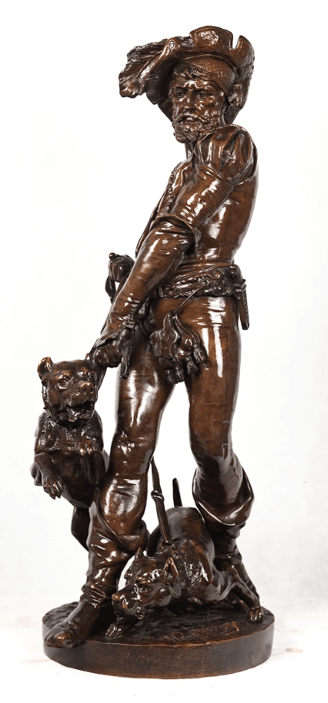 Középkori vadász kutyákkal bronz szobor