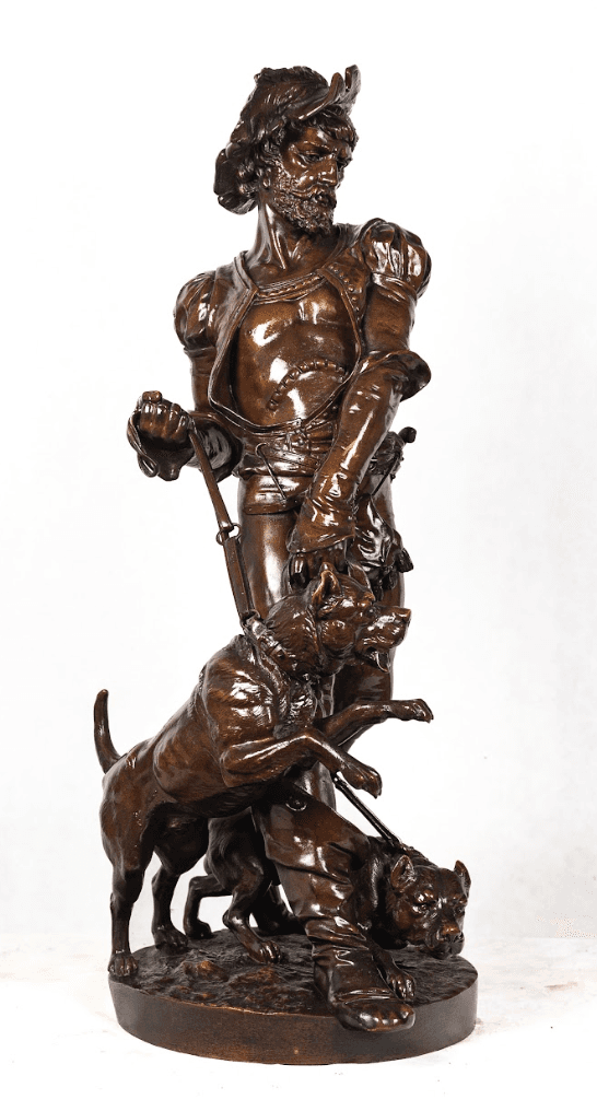 Középkori vadász kutyákkal bronz szobor