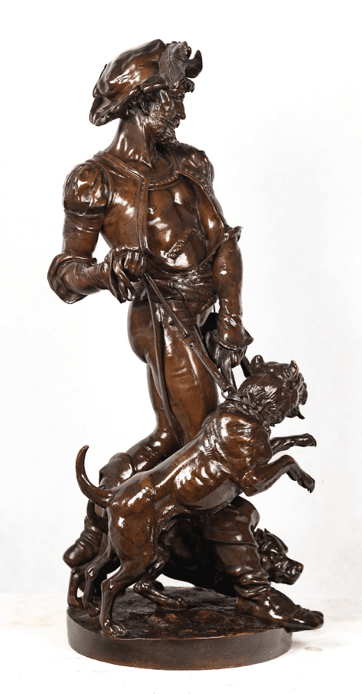 Középkori vadász kutyákkal bronz szobor