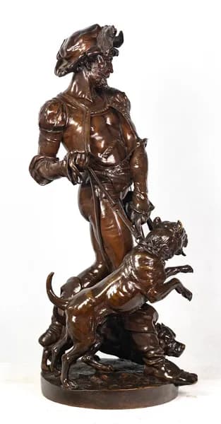 Bronze sculpture of a medieval hunter with dogs
