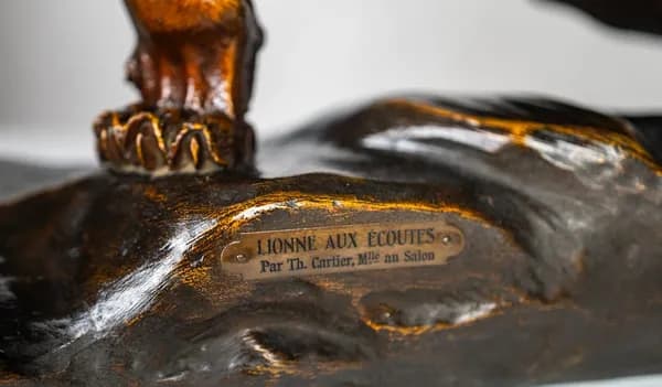 Terracotta sculpture “Lionne aux Écoutes” by Thomas François Cartier