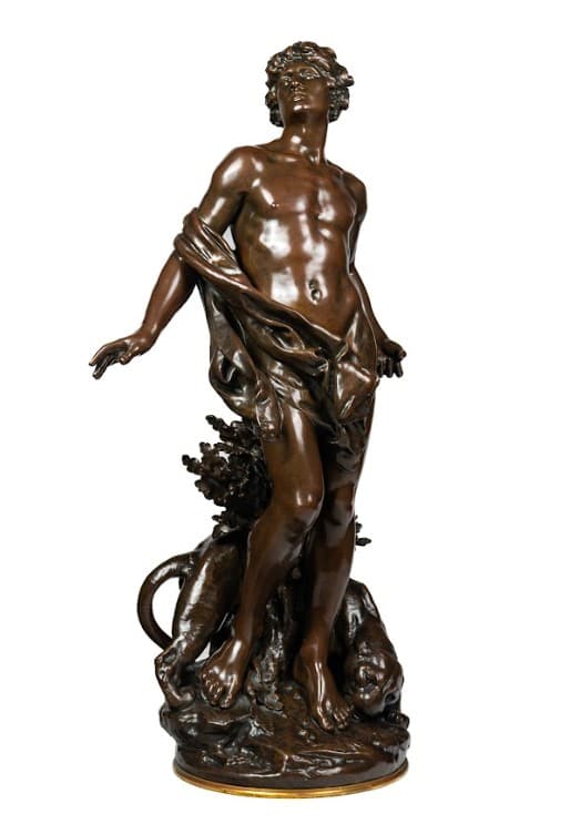 Mathurin Moreau 'Éphèbe et tigre' bronz szobor 19.század