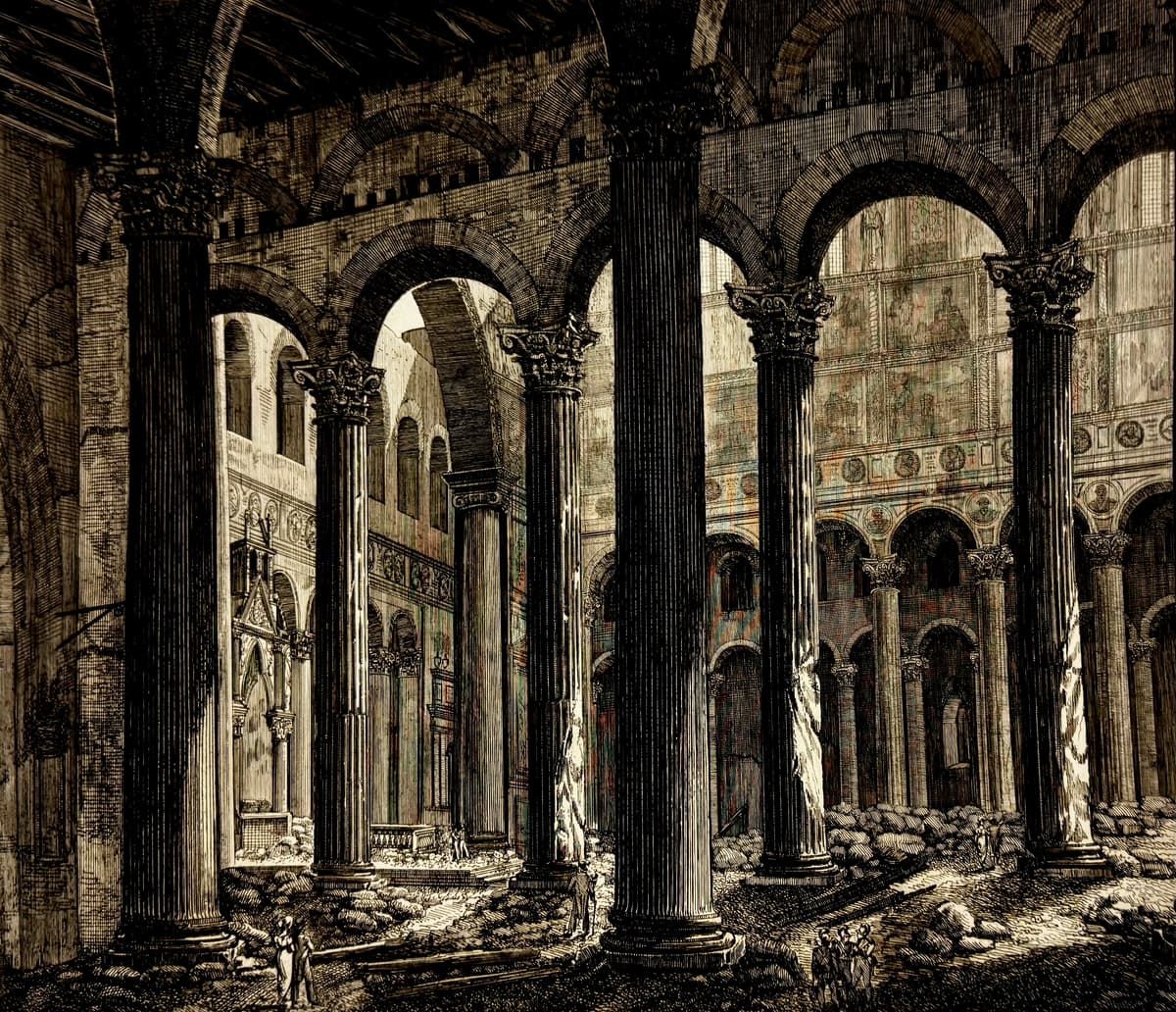 A Szent Pál-bazilika romjainak látképe: az öt nagy hajó vonalának előkészítése