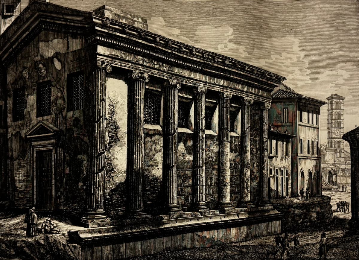 A Fortuna Virilis templomának látképe és a modern falba épített oszlopok