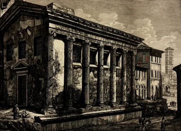 A Fortuna Virilis templomának látképe és a modern falba épített oszlopok