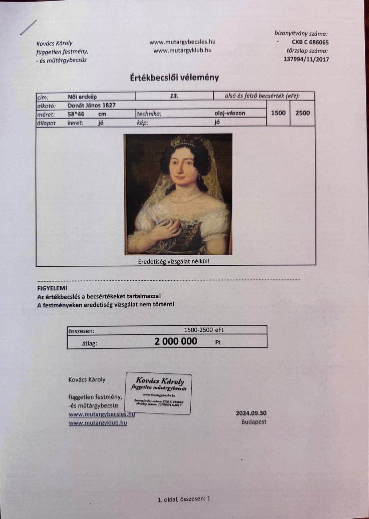 Zichy Józsefné Bésán Franciska portréja feltehetően