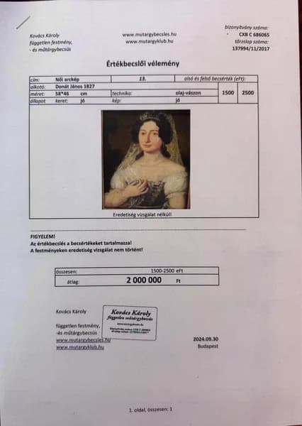 Zichy Józsefné Bésán Franciska portréja feltehetően