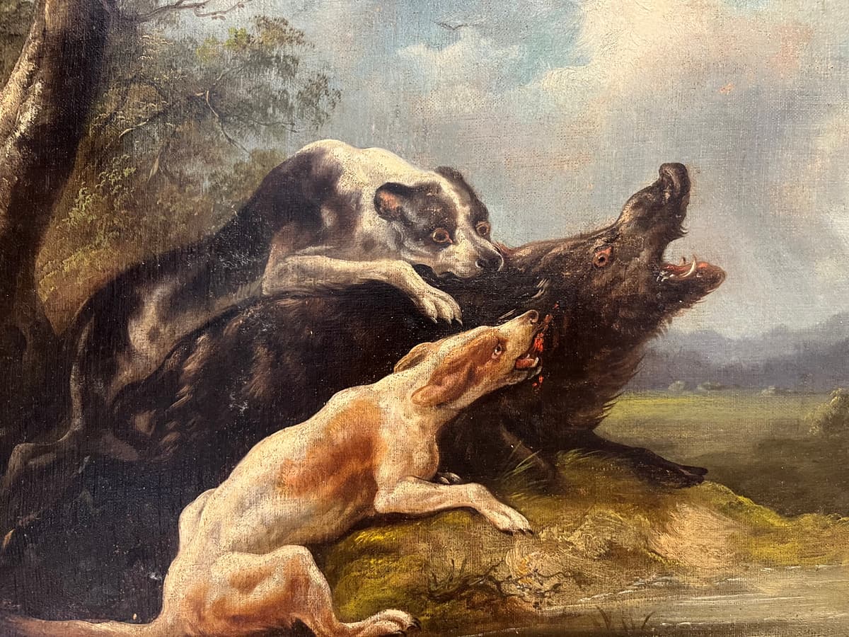 Hounds bringing down a Boar